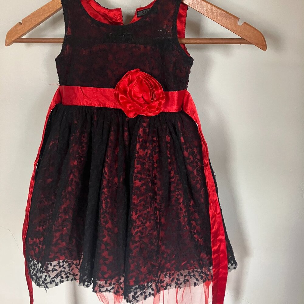 Black Floral Lace Overlay Ribbon Sash Flower Girl Party Dress 12 -18 months